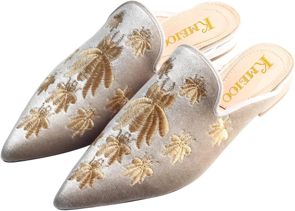Divanne Loafers for Women, Womens Embroidery Mule Shoes Velvet Backless Slip On Loafers Pointed Toe Flat Mule Slides