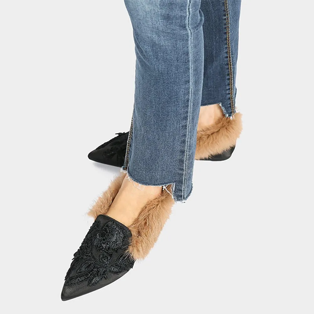 Divanne Slip On Loafers, Womens Embroidery Mule Shoes with Plush Lamb Fur Velvet Backless Pointed Toe Mule Slide