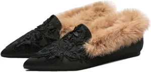 Divanne Slip On Loafers, Womens Embroidery Mule Shoes with Plush Lamb Fur Velvet Backless Pointed Toe Mule Slide