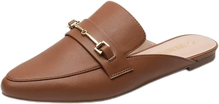 DREAM PAIRS Women's Flat Mules Buckle Pointed Toe Backless Slip on Slides Loafer Shoes