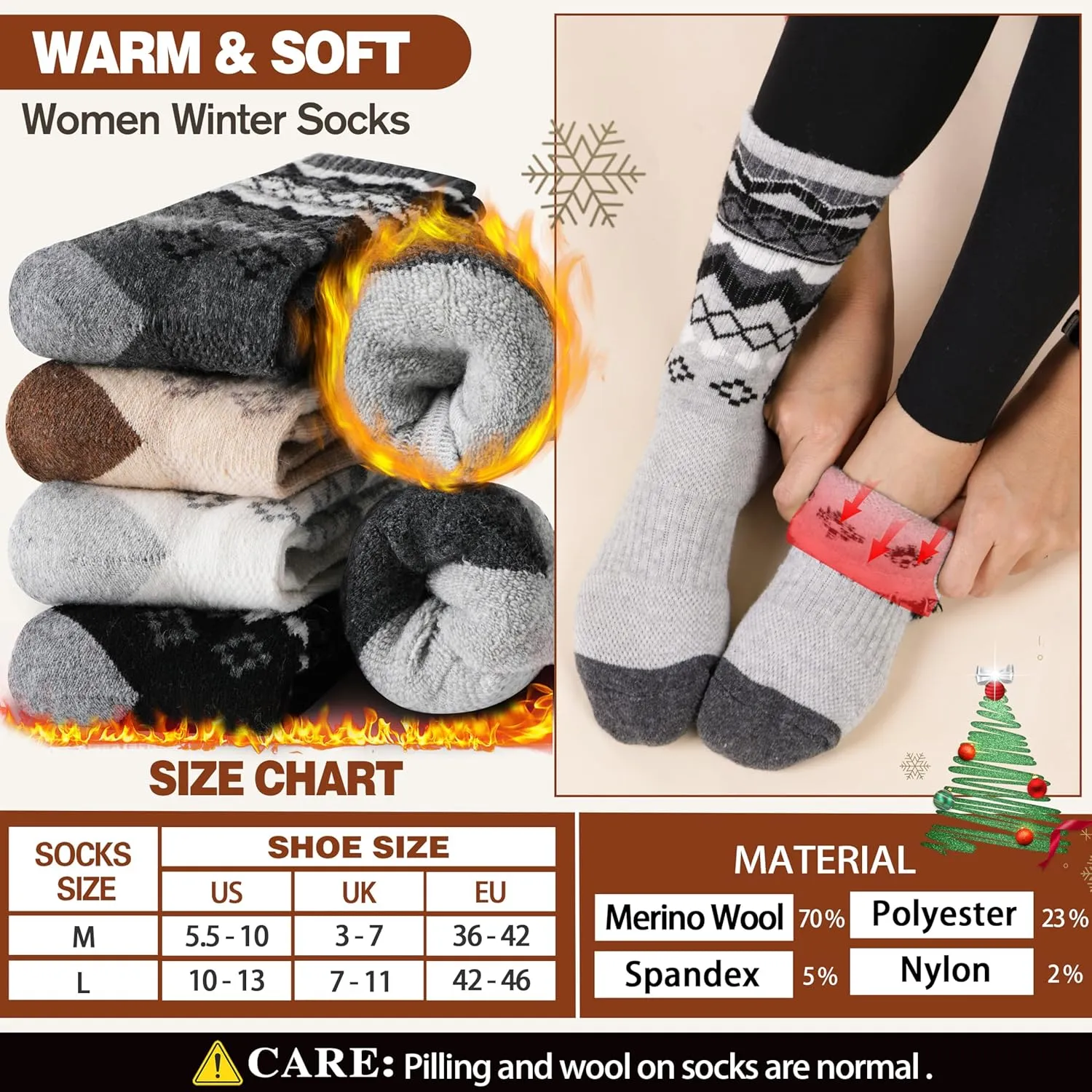 EBMORE Womens Merino Wool Hiking Socks Thermal Warm Winter Crew Cushion Work Boot Outdoor Socks 5 Pairs