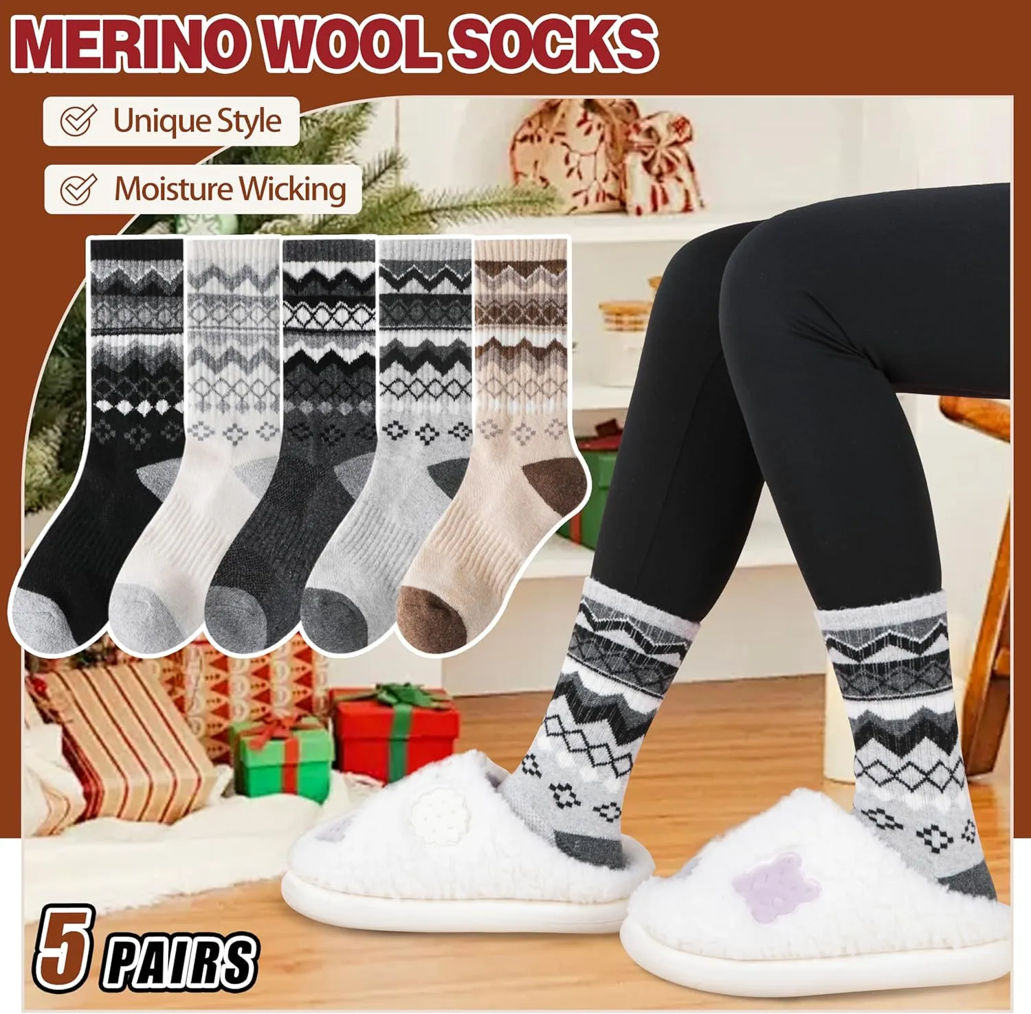 EBMORE Womens Merino Wool Hiking Socks Thermal Warm Winter Crew Cushion Work Boot Outdoor Socks 5 Pairs
