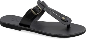 Emmanuela Greek Handmade Leather Split Toe Sandals with adjustable buckle strap, Thong Flat Summer Shoes for Women, Open Toe Sliders, Boho Chic Mules Pony Skin Leopard Animal Print