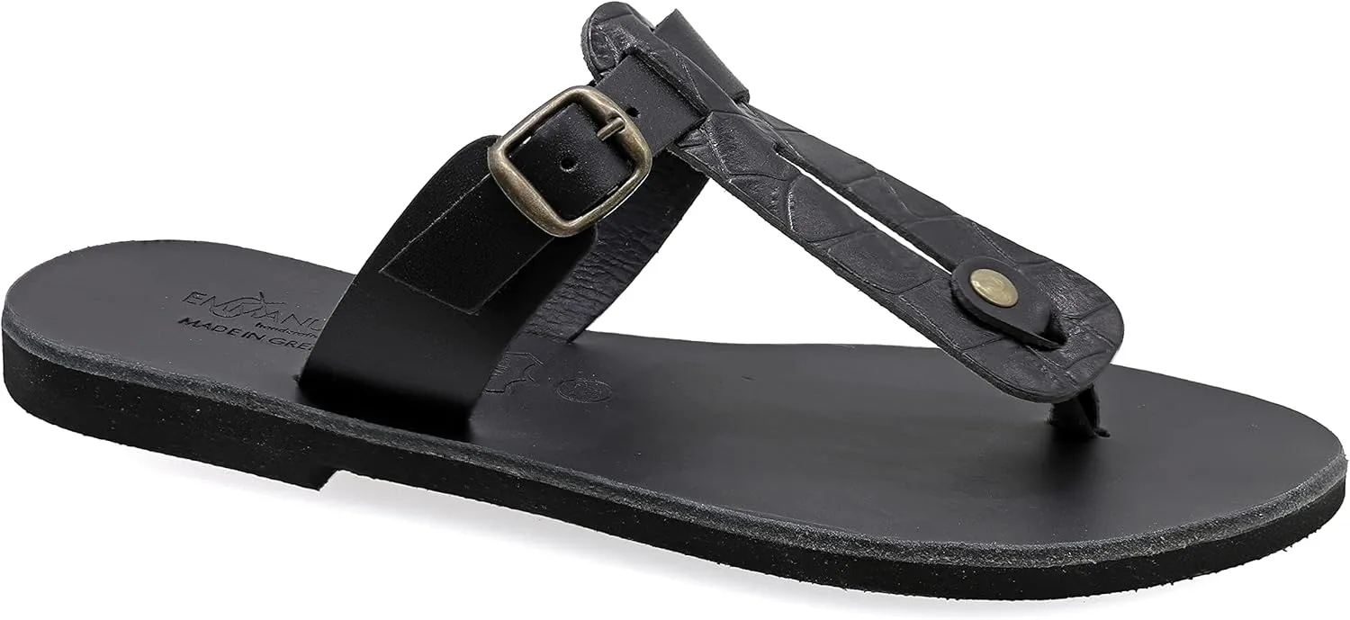 Emmanuela Greek Handmade Leather Split Toe Sandals with adjustable buckle strap, Thong Flat Summer Shoes for Women, Open Toe Sliders, Boho Chic Mules Pony Skin Leopard Animal Print