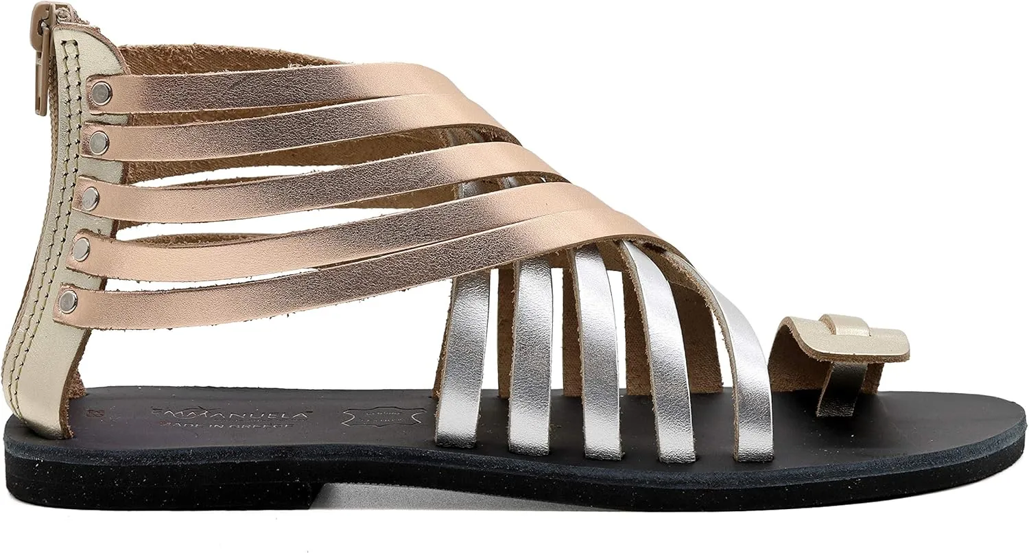 Emmanuela Greek Leather Gladiator Sandals with Zipper Shafts, Quality Handmade Summer Shoes, Toe Ring Flat sandals Boho Chic Sandals