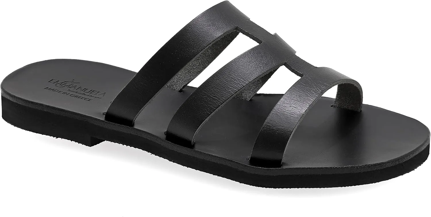 Emmanuela Greek Style Sandals, Handmade Leather Open Toe Flat Sandals, Quality Slide on Strappy Summer Shoes for Women, Boho Chic Slider Sandals, Slip on Cross Strap Mules