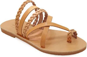 Emmanuela Greek Style Sandals with braided parts, Quality Handmade Leather Toe Ring Flat Sandals, Slide on Summer Shoes for Women, Boho Chic Slider Sandals