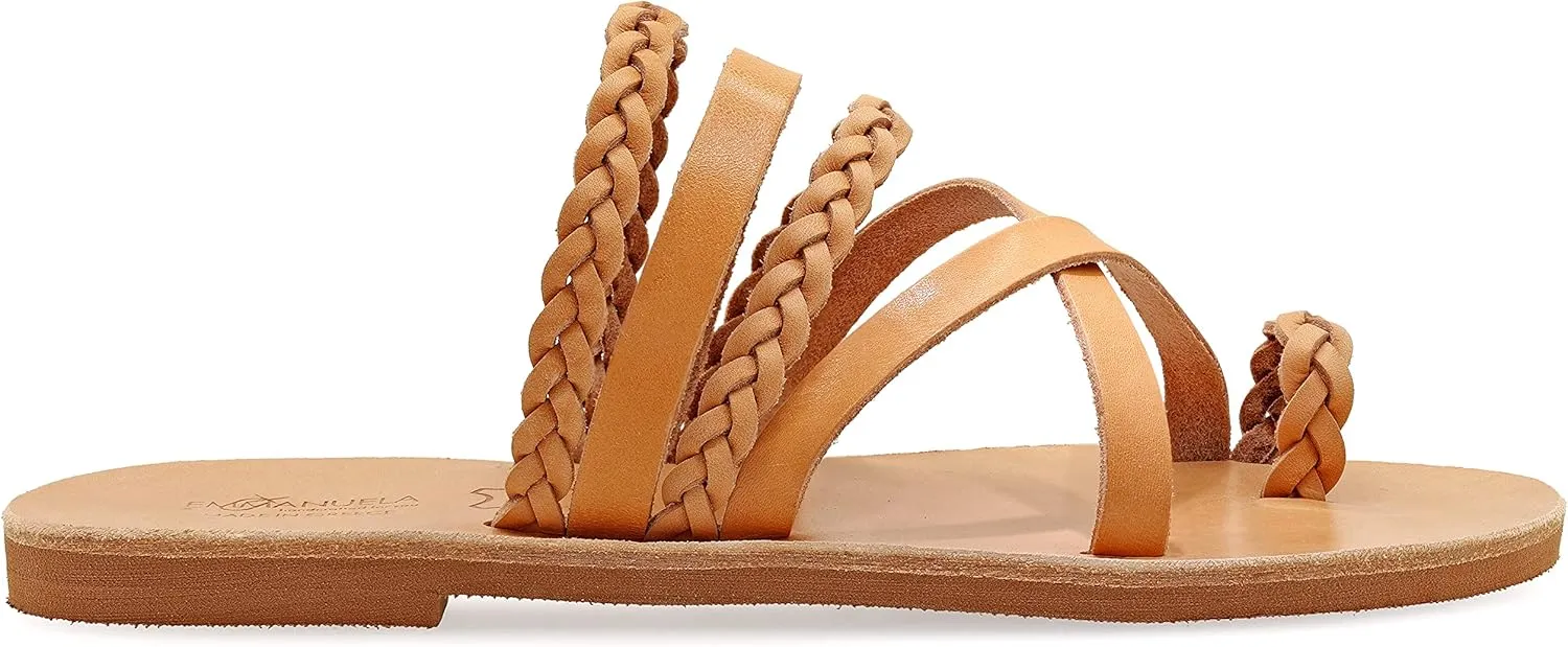 Emmanuela Greek Style Sandals with braided parts, Quality Handmade Leather Toe Ring Flat Sandals, Slide on Summer Shoes for Women, Boho Chic Slider Sandals