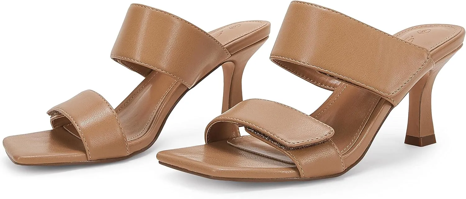 Ermonn Womens Two Strap Heeled Sandals Slip On Square Open Toe Stiletto Faux Leather Backless Mule Heels Slippers