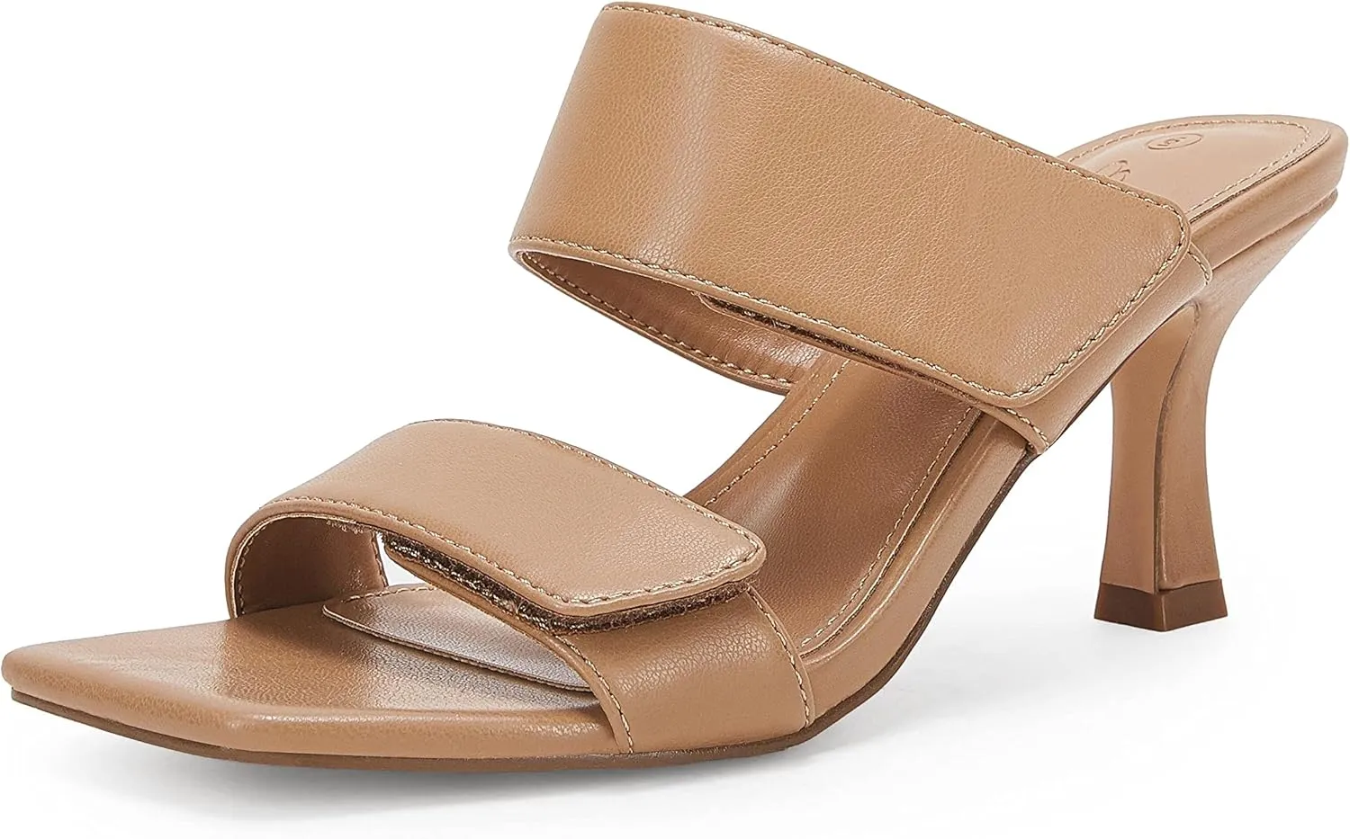 Ermonn Womens Two Strap Heeled Sandals Slip On Square Open Toe Stiletto Faux Leather Backless Mule Heels Slippers