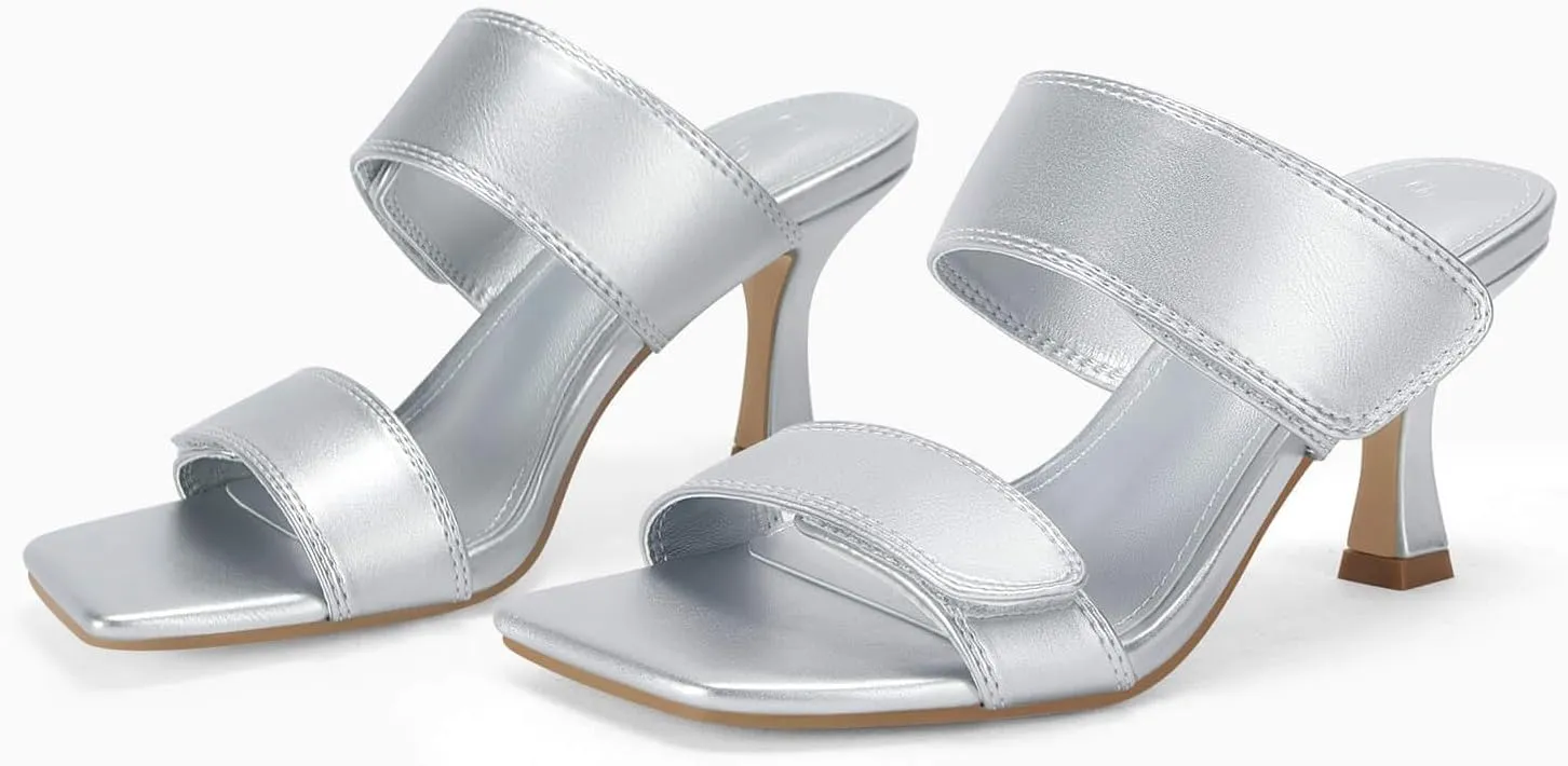 Ermonn Womens Two Strap Heeled Sandals Slip On Square Open Toe Stiletto Faux Leather Backless Mule Heels Slippers