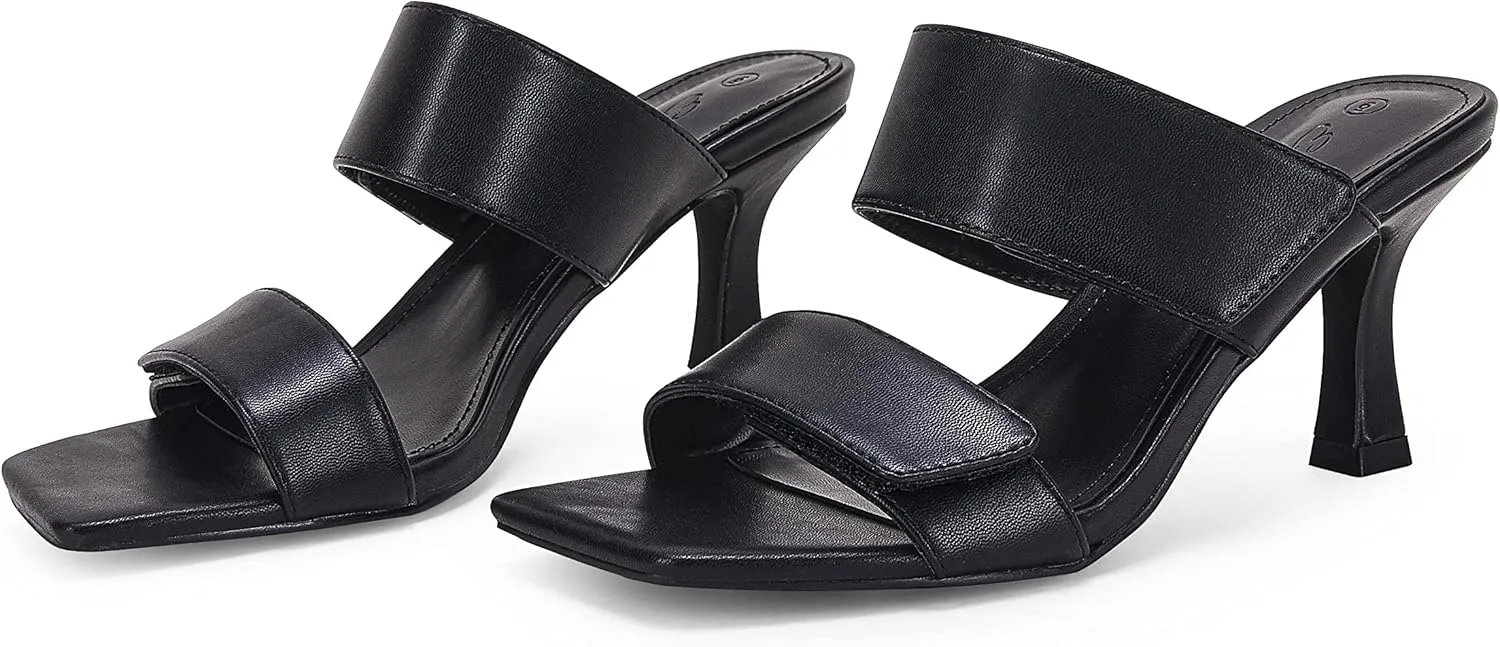 Ermonn Womens Two Strap Heeled Sandals Slip On Square Open Toe Stiletto Faux Leather Backless Mule Heels Slippers