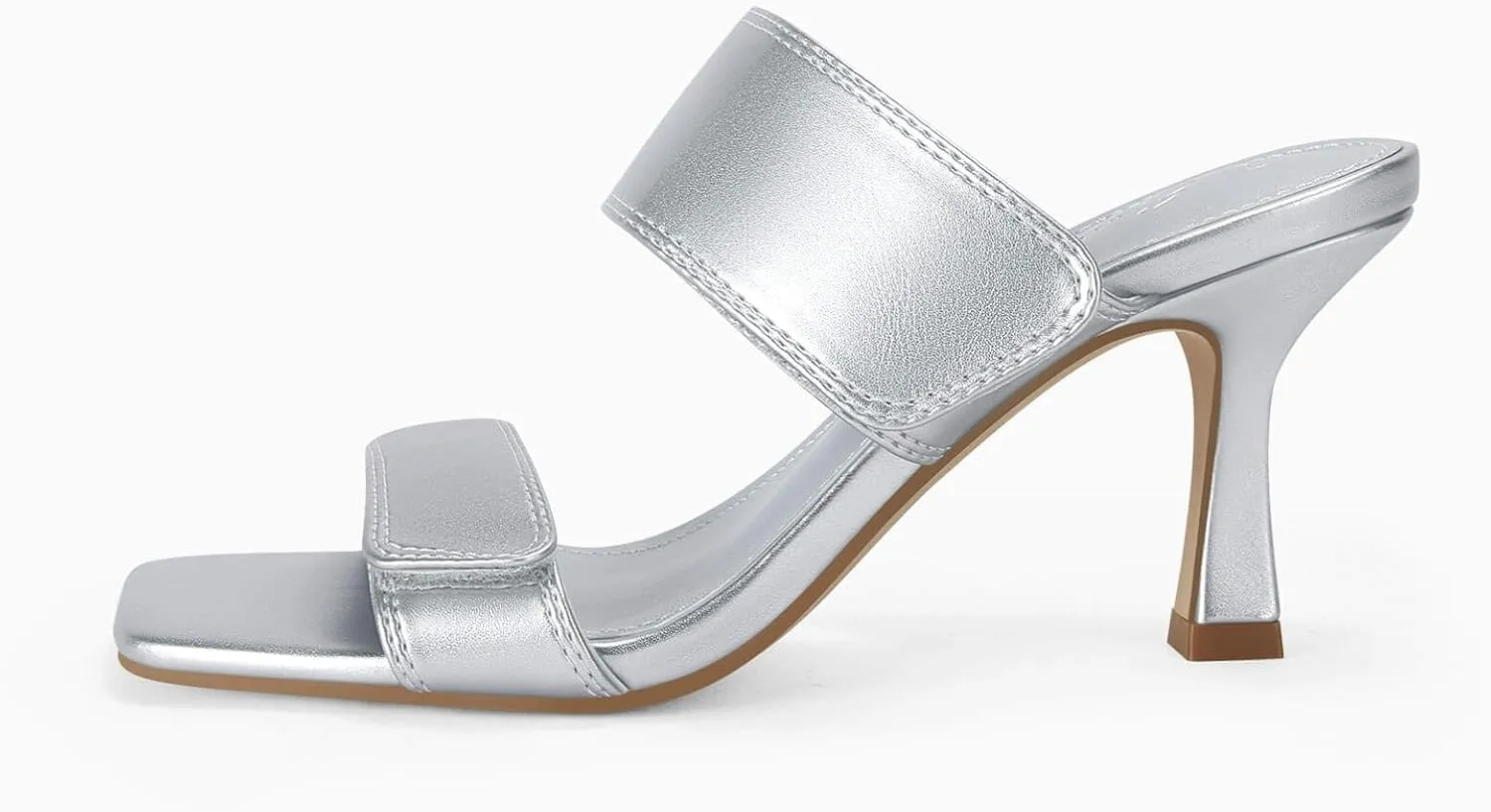 Ermonn Womens Two Strap Heeled Sandals Slip On Square Open Toe Stiletto Faux Leather Backless Mule Heels Slippers