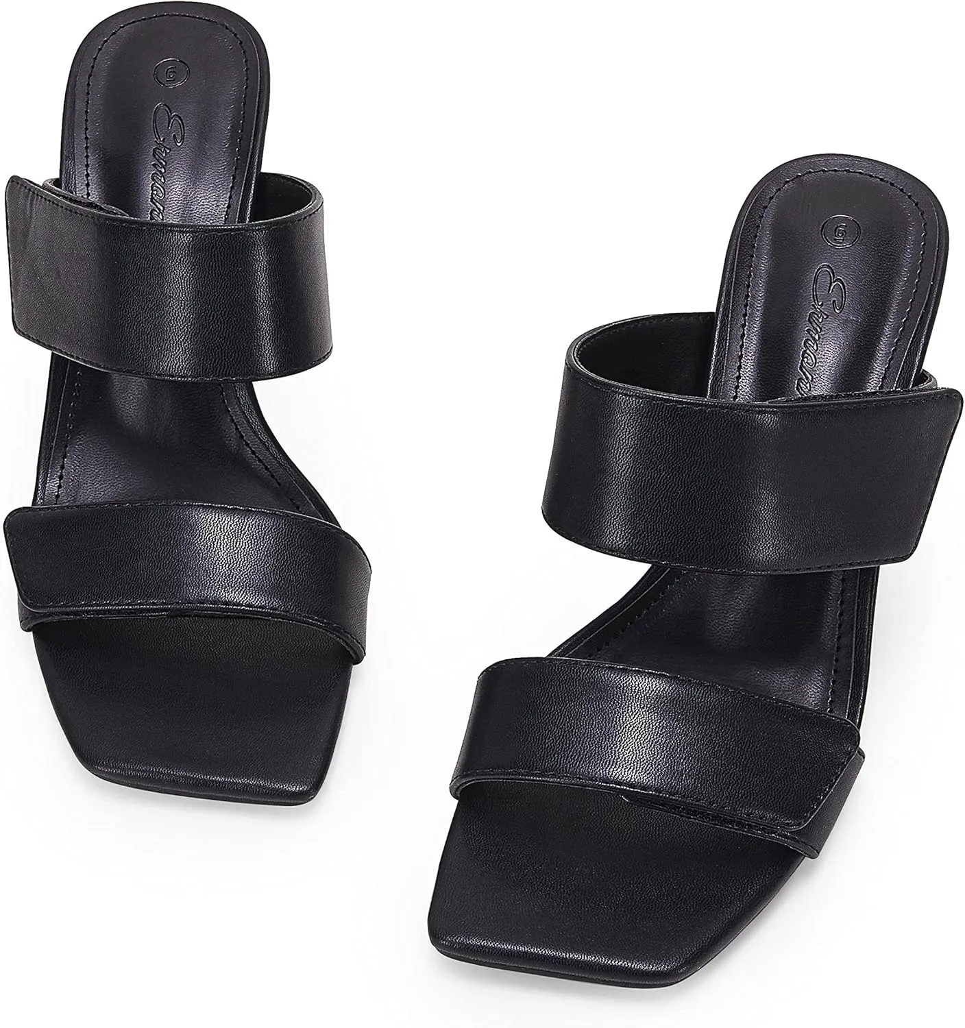 Ermonn Womens Two Strap Heeled Sandals Slip On Square Open Toe Stiletto Faux Leather Backless Mule Heels Slippers