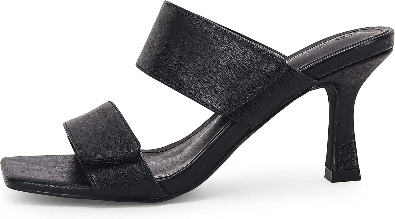 Ermonn Womens Two Strap Heeled Sandals Slip On Square Open Toe Stiletto Faux Leather Backless Mule Heels Slippers