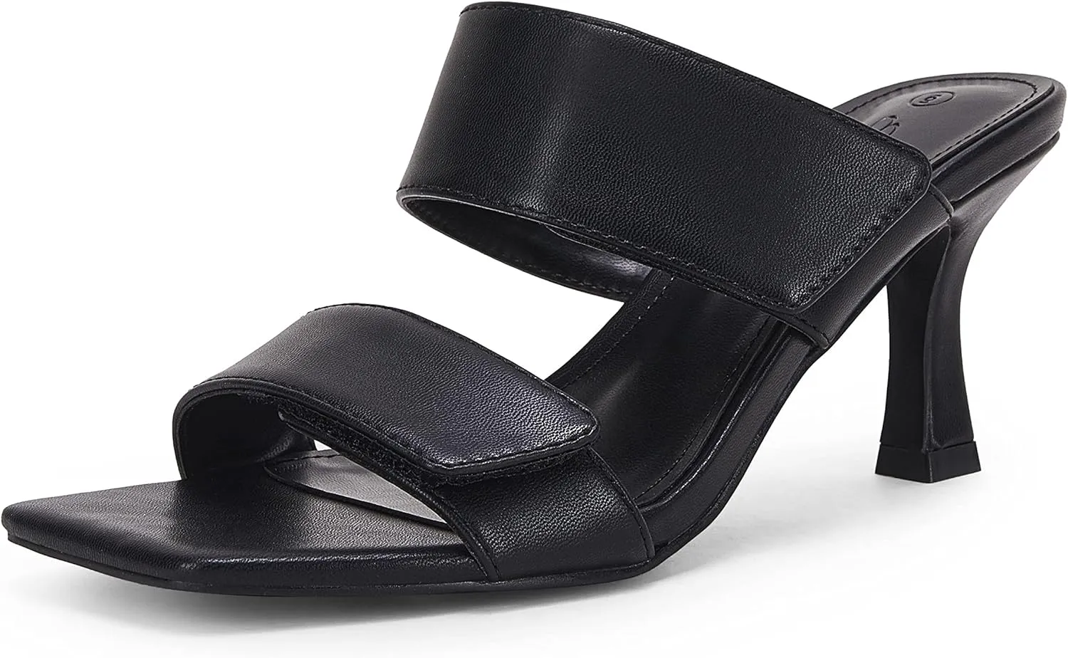 Ermonn Womens Two Strap Heeled Sandals Slip On Square Open Toe Stiletto Faux Leather Backless Mule Heels Slippers