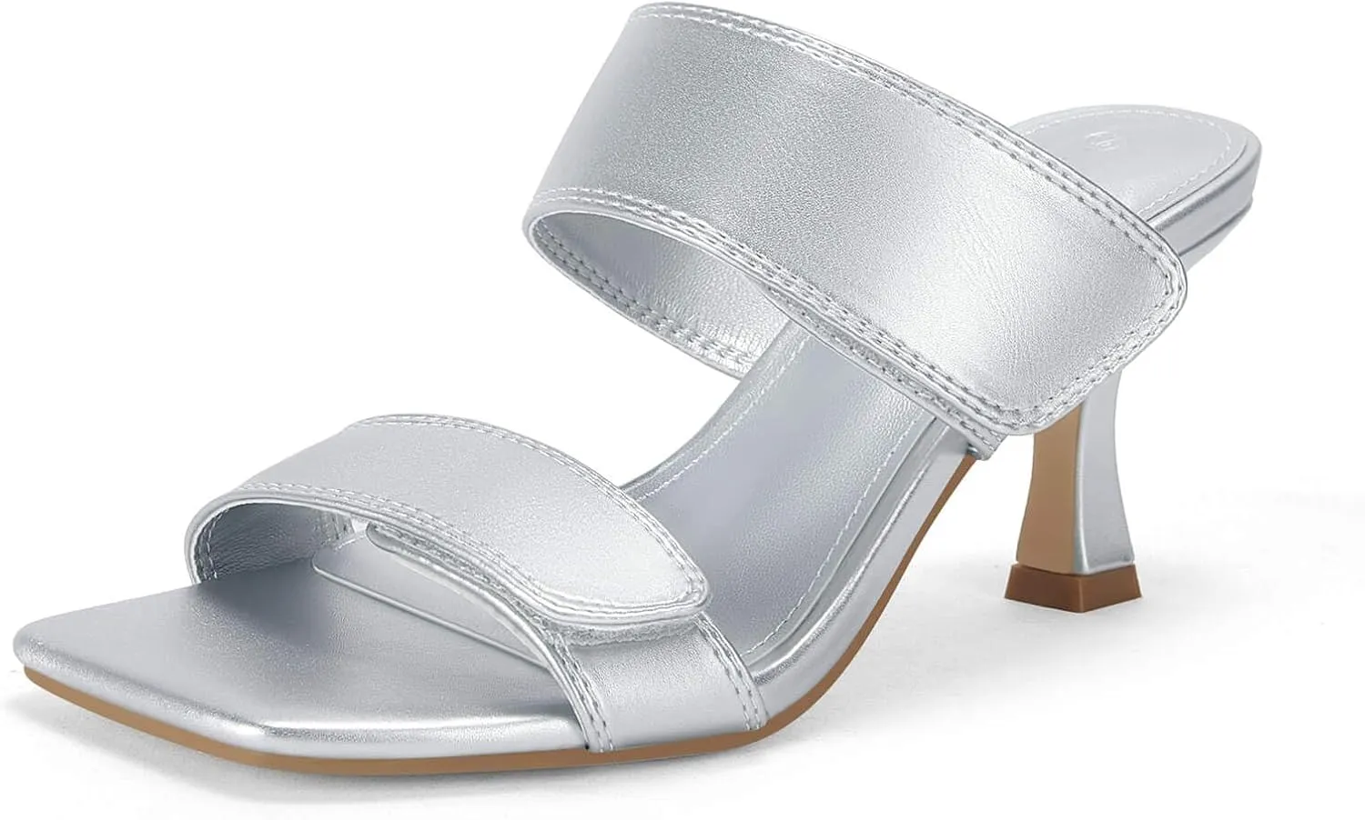 Ermonn Womens Two Strap Heeled Sandals Slip On Square Open Toe Stiletto Faux Leather Backless Mule Heels Slippers