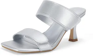 Ermonn Womens Two Strap Heeled Sandals Slip On Square Open Toe Stiletto Faux Leather Backless Mule Heels Slippers