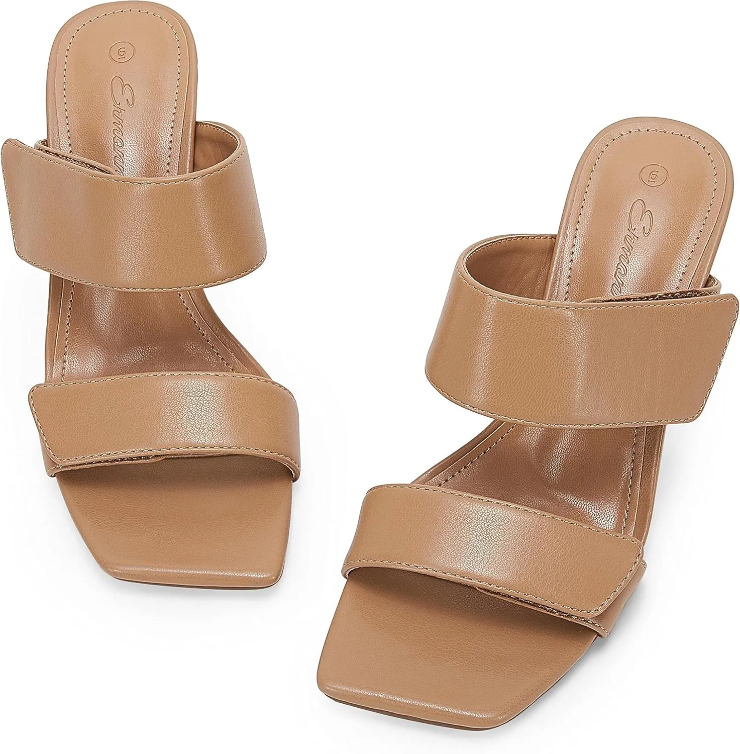 Ermonn Womens Two Strap Heeled Sandals Slip On Square Open Toe Stiletto Faux Leather Backless Mule Heels Slippers
