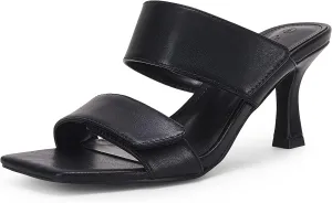 Ermonn Womens Two Strap Heeled Sandals Slip On Square Open Toe Stiletto Faux Leather Backless Mule Heels Slippers