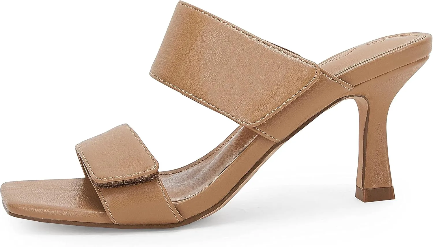 Ermonn Womens Two Strap Heeled Sandals Slip On Square Open Toe Stiletto Faux Leather Backless Mule Heels Slippers