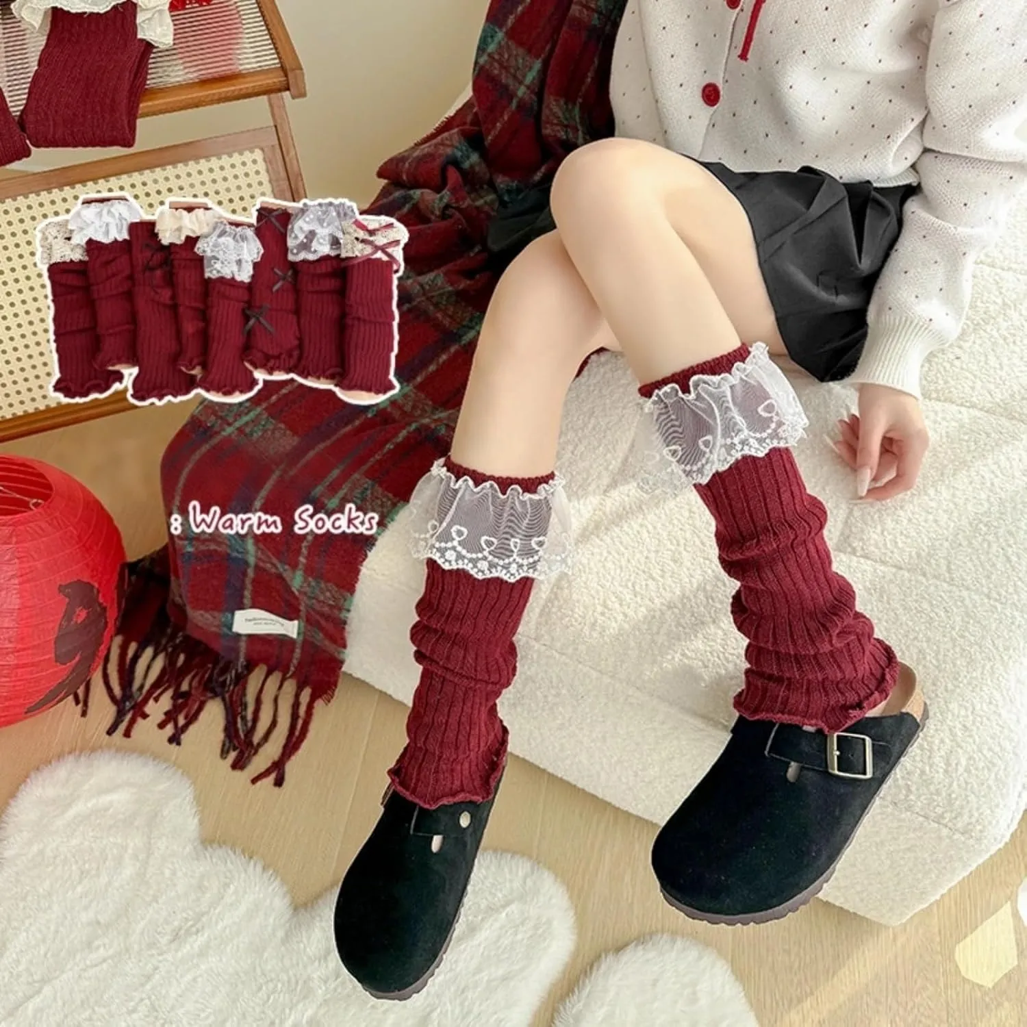 Fairy Grunge Leg Warmers Red Christmas Socks Y2K Accessories Kawaii Women Girls High Knee Long Knit Boot Socks