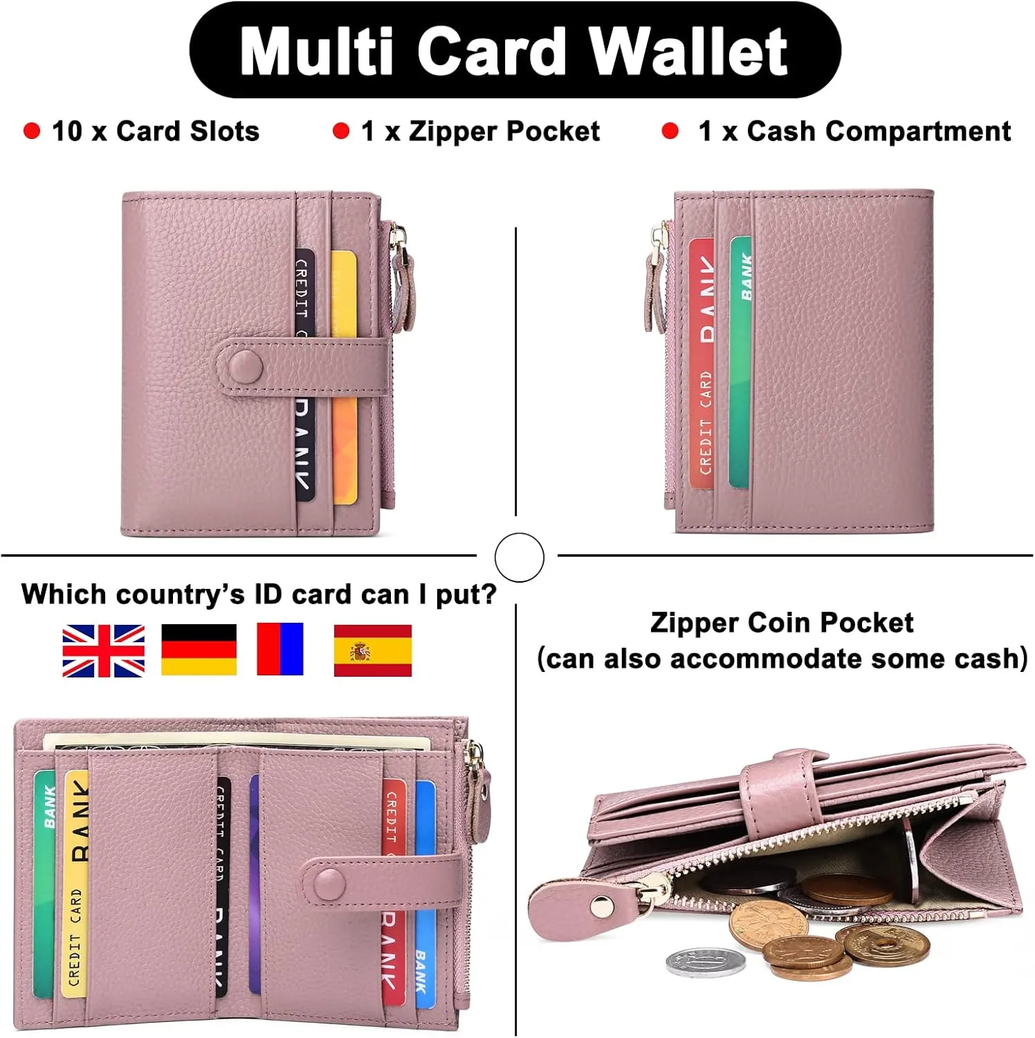 FALAN MULE Small Wallets for Women RFID Blocking Slim Bifold Leather Womens Wallet with Zipper Coin Purse