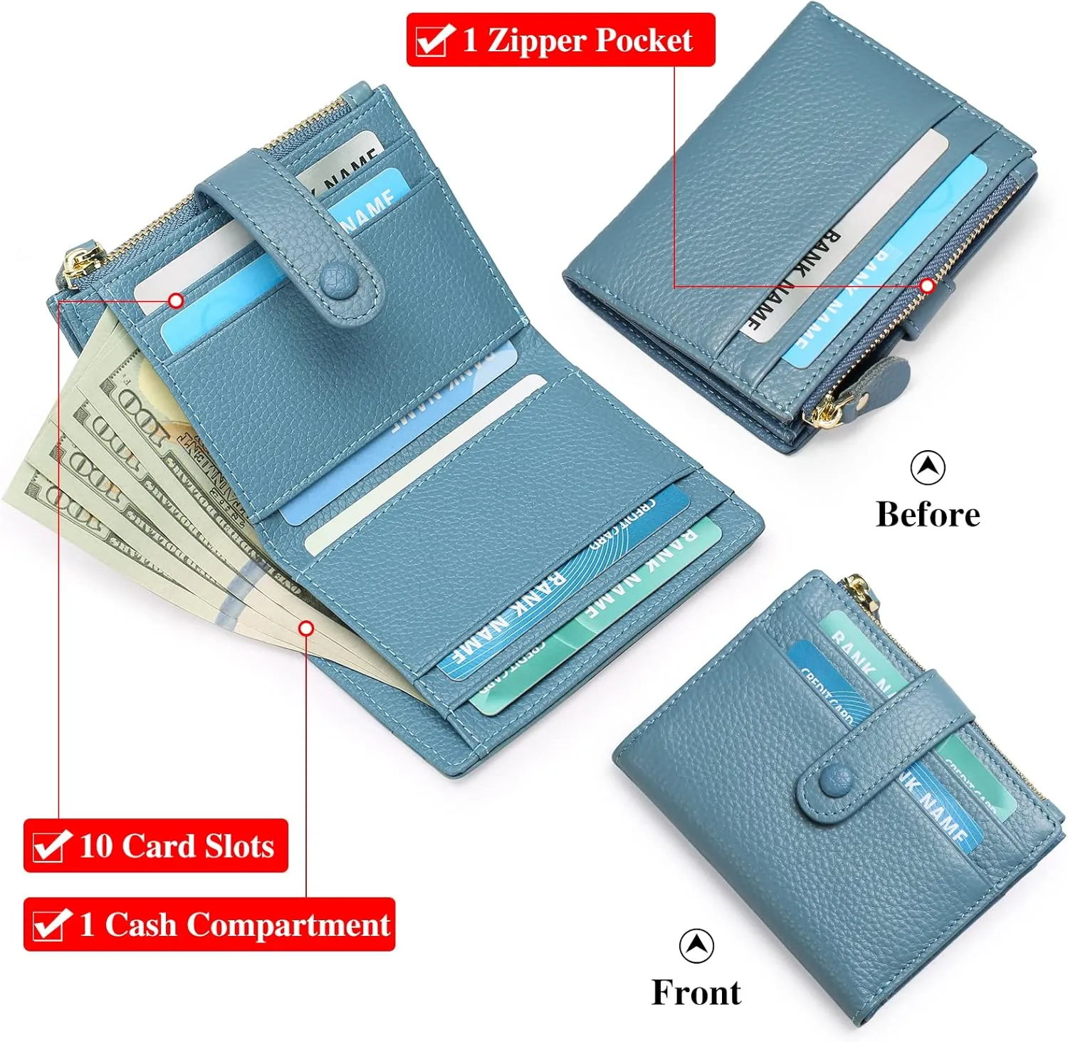 FALAN MULE Small Wallets for Women RFID Blocking Slim Bifold Leather Womens Wallet with Zipper Coin Purse