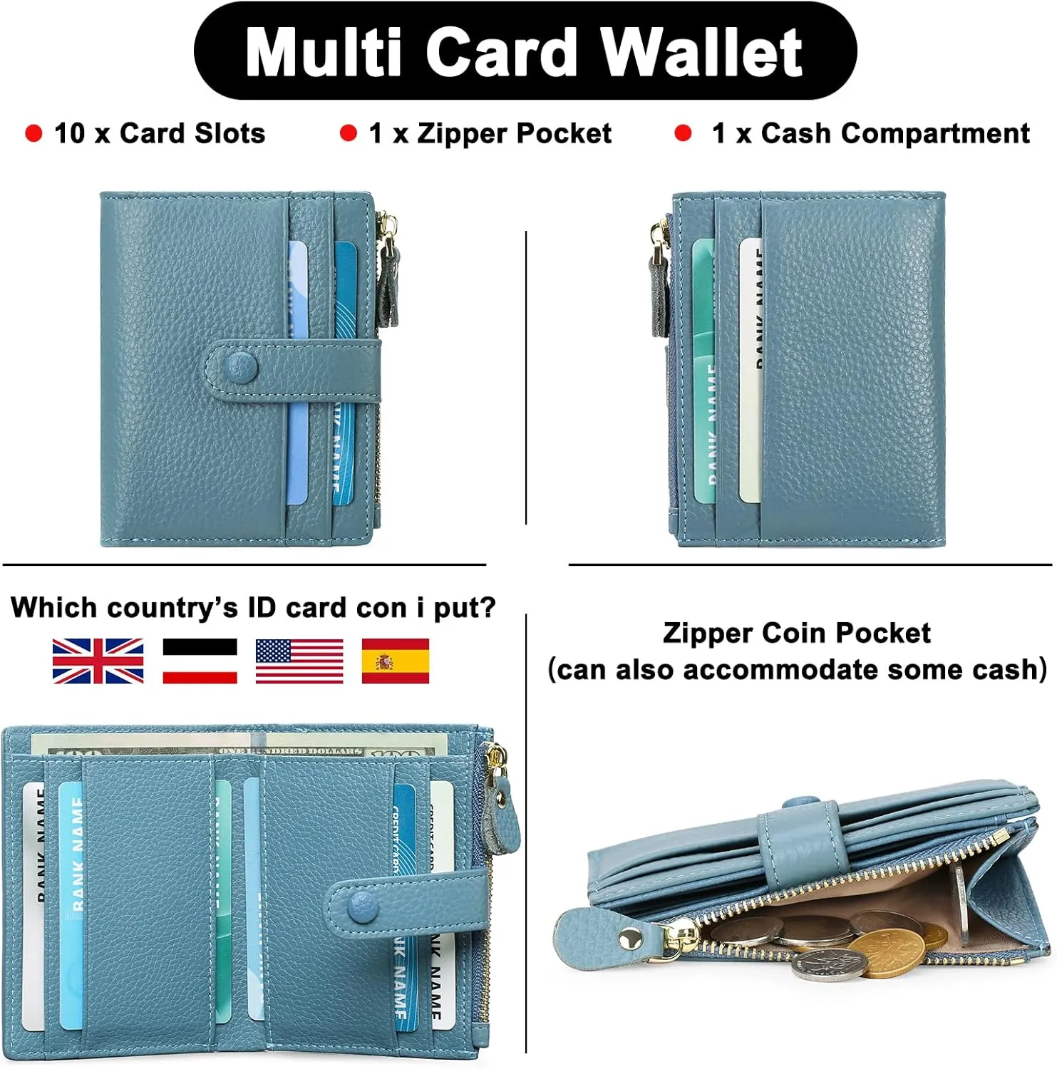 FALAN MULE Small Wallets for Women RFID Blocking Slim Bifold Leather Womens Wallet with Zipper Coin Purse