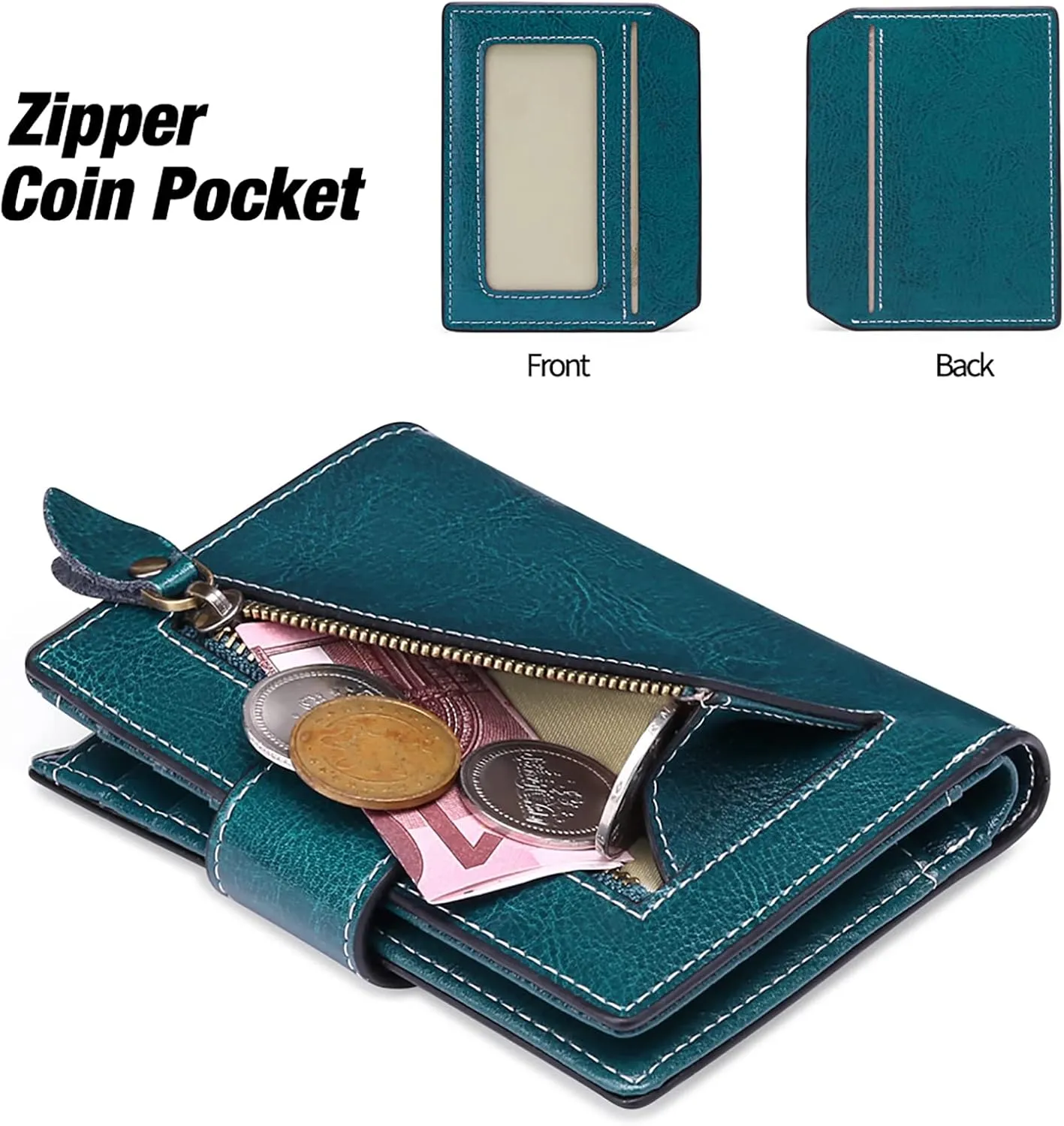 Falan Mule Women's Wallet, Genuine Leather, Bifold, RFID Blocking, Peacock Blue, 10 Slots, 2 Windows, 1 Zipper Pocket, 2 Compartments