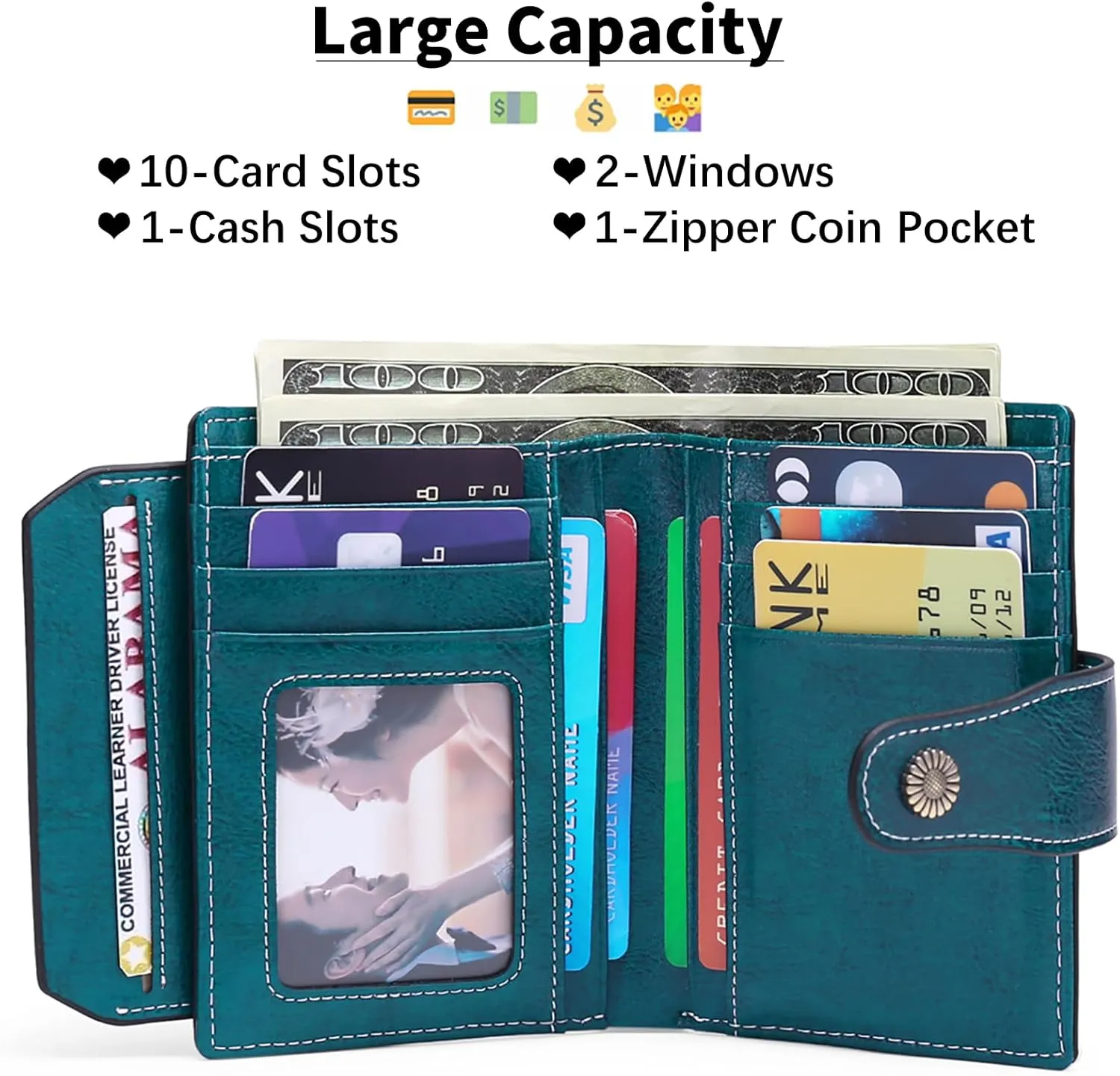 Falan Mule Women's Wallet, Genuine Leather, Bifold, RFID Blocking, Peacock Blue, 10 Slots, 2 Windows, 1 Zipper Pocket, 2 Compartments