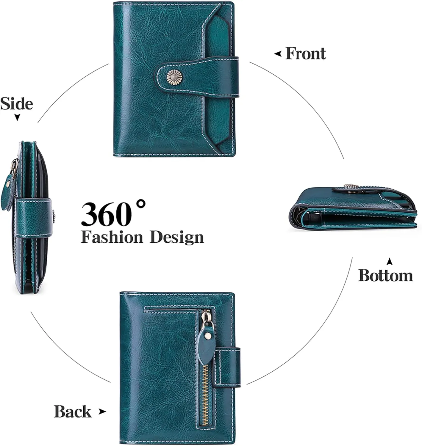 Falan Mule Women's Wallet, Genuine Leather, Bifold, RFID Blocking, Peacock Blue, 10 Slots, 2 Windows, 1 Zipper Pocket, 2 Compartments