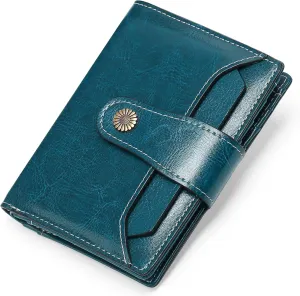 Falan Mule Women's Wallet, Genuine Leather, Bifold, RFID Blocking, Peacock Blue, 10 Slots, 2 Windows, 1 Zipper Pocket, 2 Compartments