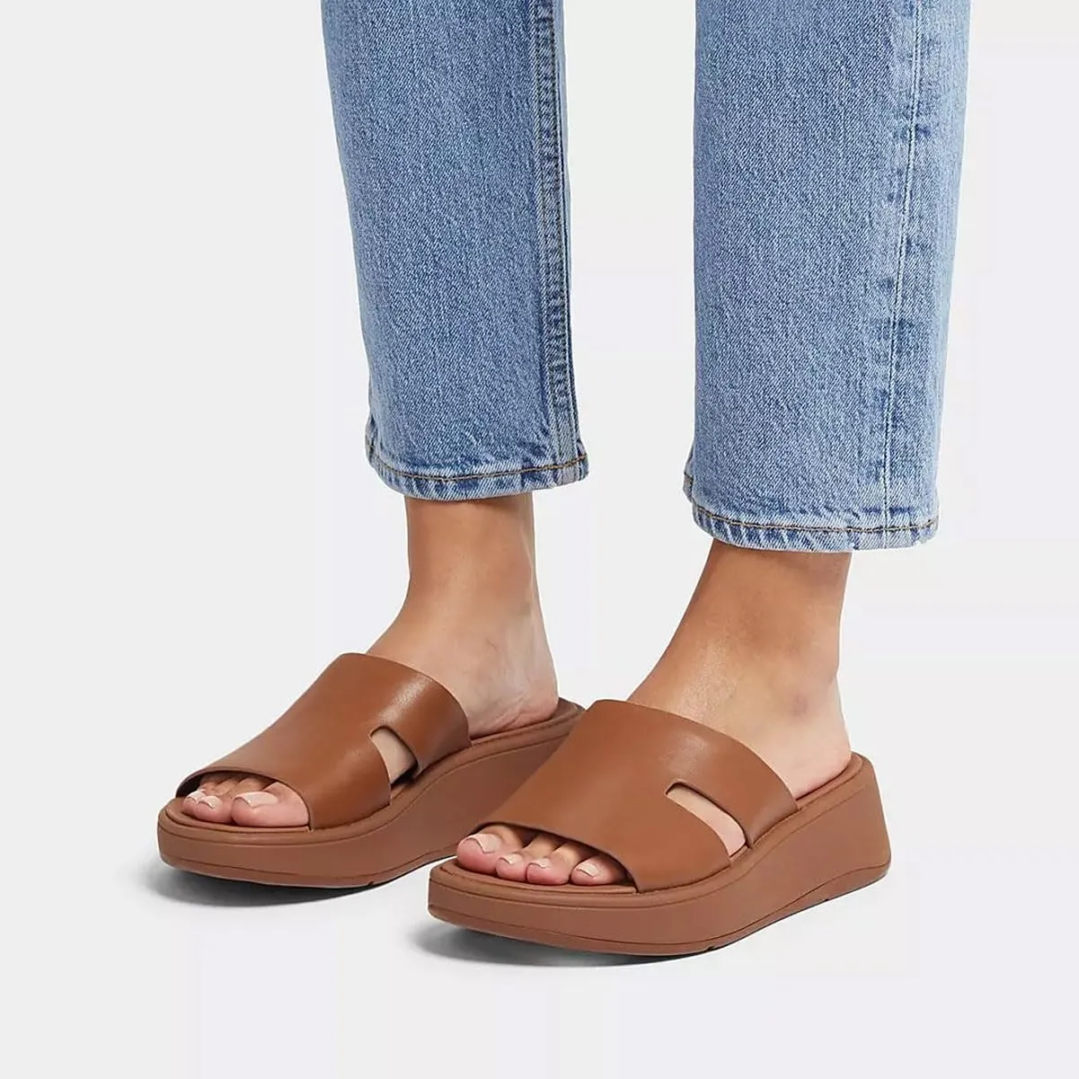 FitFlop Women's F-Mode Raw-Edge Leather Flatform H-bar Slides Wedge Sandal