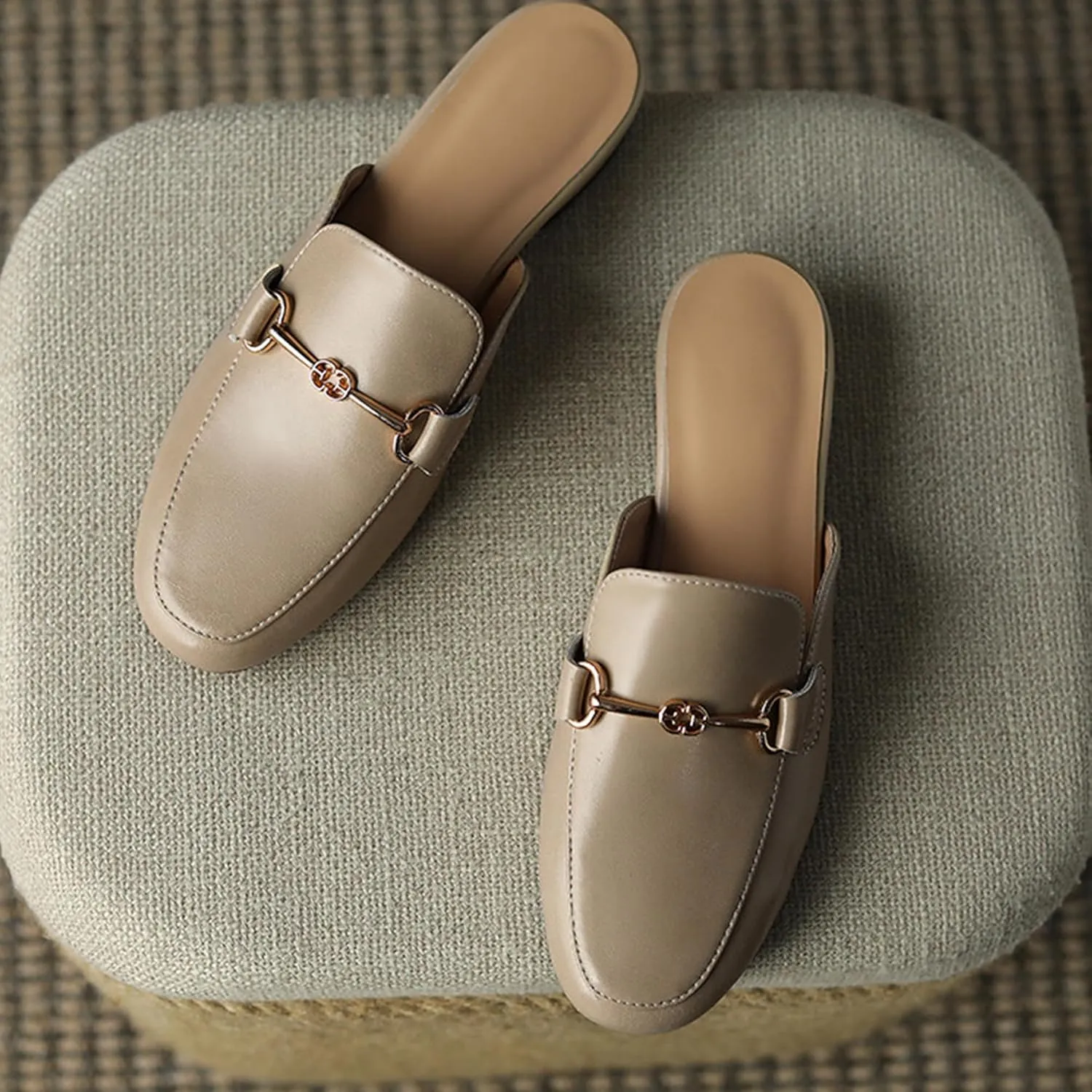 Flat Mules for Women Buckle Slip On Loafer Shoes Round Toe Backless Walking Mules Shoes