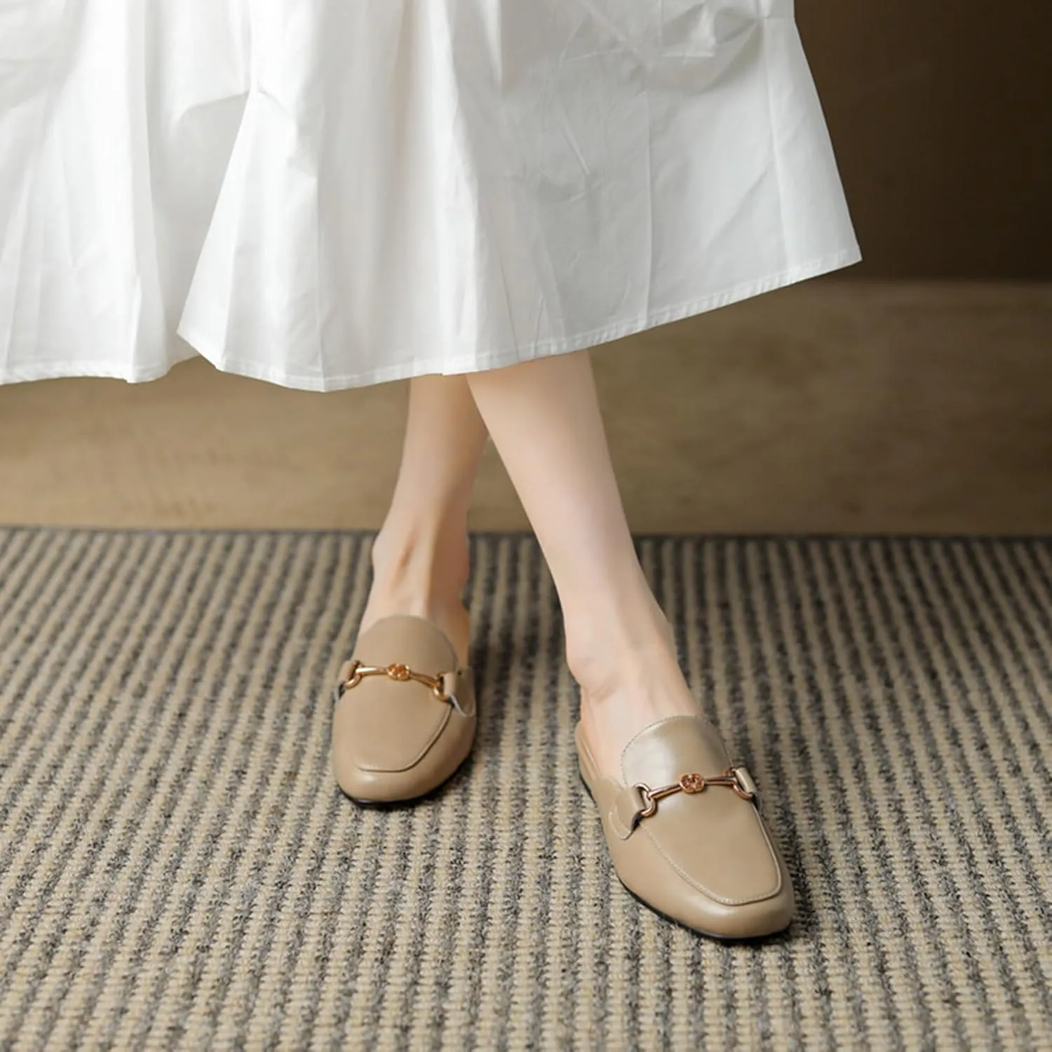Flat Mules for Women Buckle Slip On Loafer Shoes Round Toe Backless Walking Mules Shoes