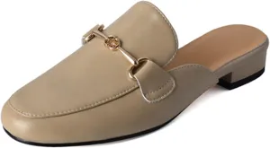 Flat Mules for Women Buckle Slip On Loafer Shoes Round Toe Backless Walking Mules Shoes
