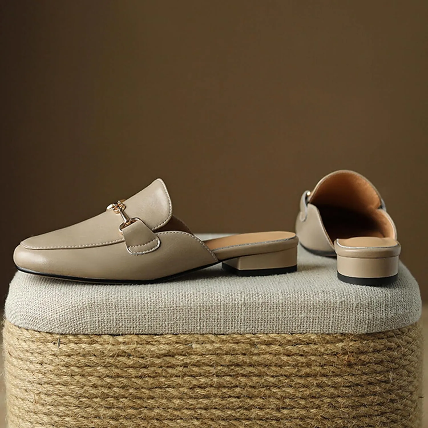 Flat Mules for Women Buckle Slip On Loafer Shoes Round Toe Backless Walking Mules Shoes