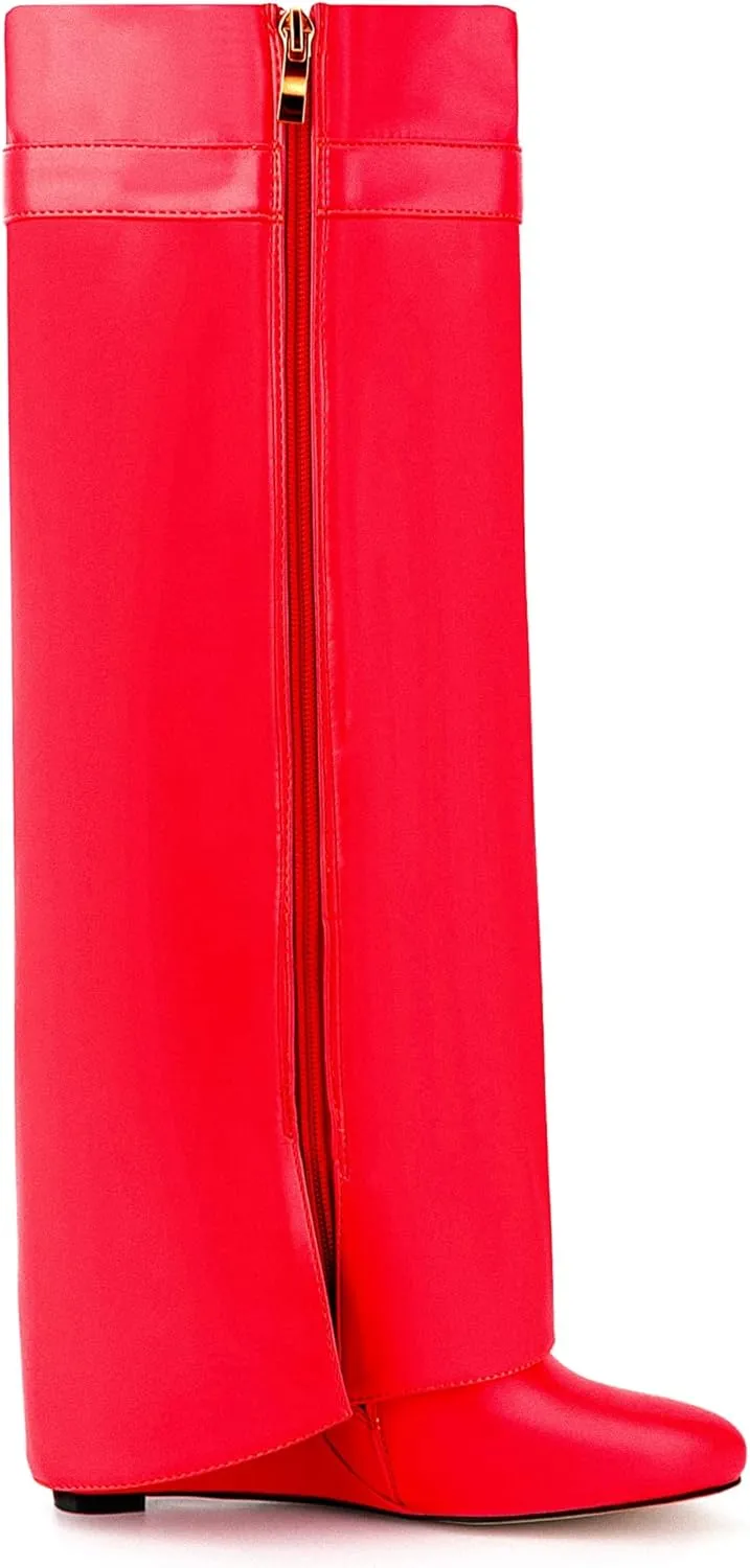 Fold Over Knee High Boots for Women Pointy Pull-on Wedge Heel Knee Shark Boot With Side Zipper Covered Wedge Heel Padlock Boot