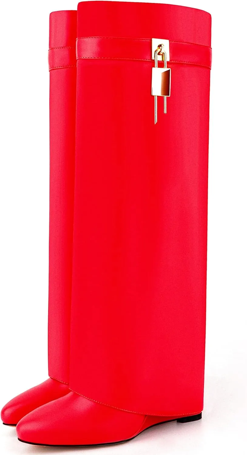 Fold Over Knee High Boots for Women Pointy Pull-on Wedge Heel Knee Shark Boot With Side Zipper Covered Wedge Heel Padlock Boot
