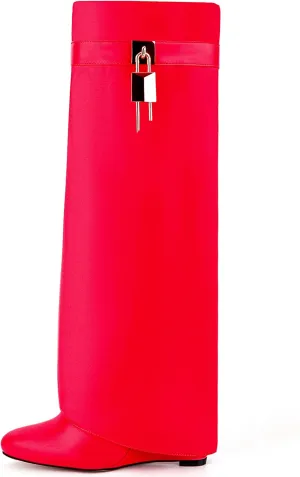 Fold Over Knee High Boots for Women Pointy Pull-on Wedge Heel Knee Shark Boot With Side Zipper Covered Wedge Heel Padlock Boot
