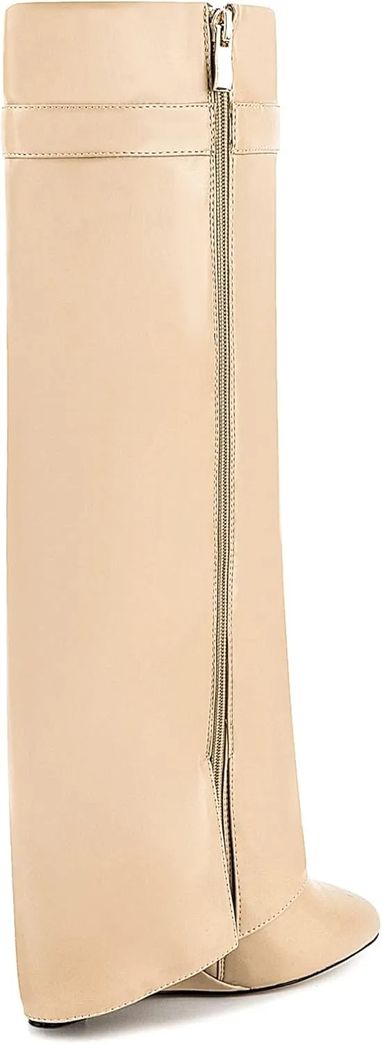 Fold Over Knee High Boots for Women Pointy Pull-on Wedge Heel Knee Shark Boot With Side Zipper Covered Wedge Heel Padlock Boot