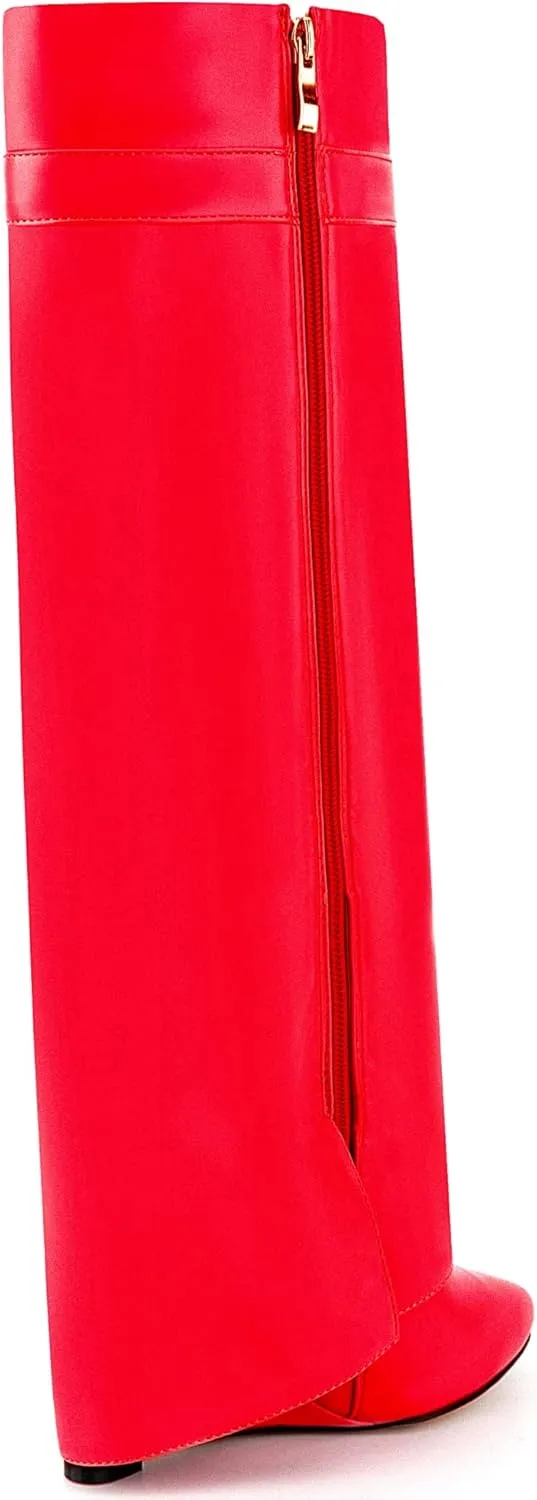 Fold Over Knee High Boots for Women Pointy Pull-on Wedge Heel Knee Shark Boot With Side Zipper Covered Wedge Heel Padlock Boot