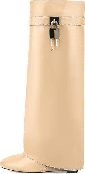 Fold Over Knee High Boots for Women Pointy Pull-on Wedge Heel Knee Shark Boot With Side Zipper Covered Wedge Heel Padlock Boot