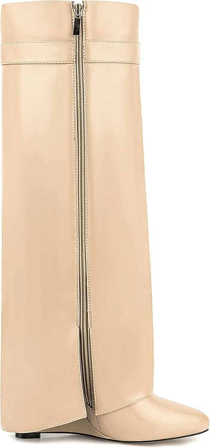 Fold Over Knee High Boots for Women Pointy Pull-on Wedge Heel Knee Shark Boot With Side Zipper Covered Wedge Heel Padlock Boot
