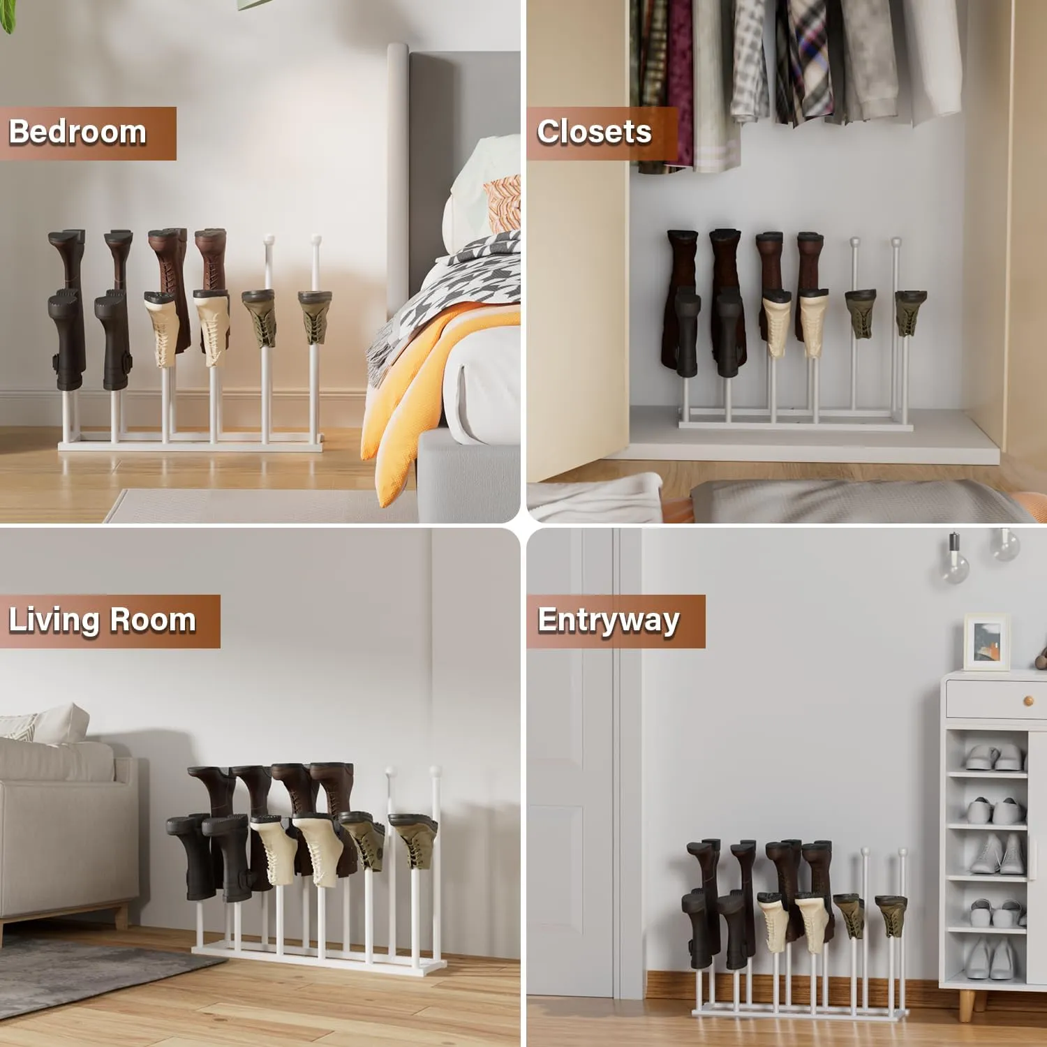 Free Standing Shoe Racks, Tall Black Metal Boot Rack Organizer for 6 Pairs, Knee-High Boot Storage Shelf for Closet, Bedroom, Entryway, Hallway, White