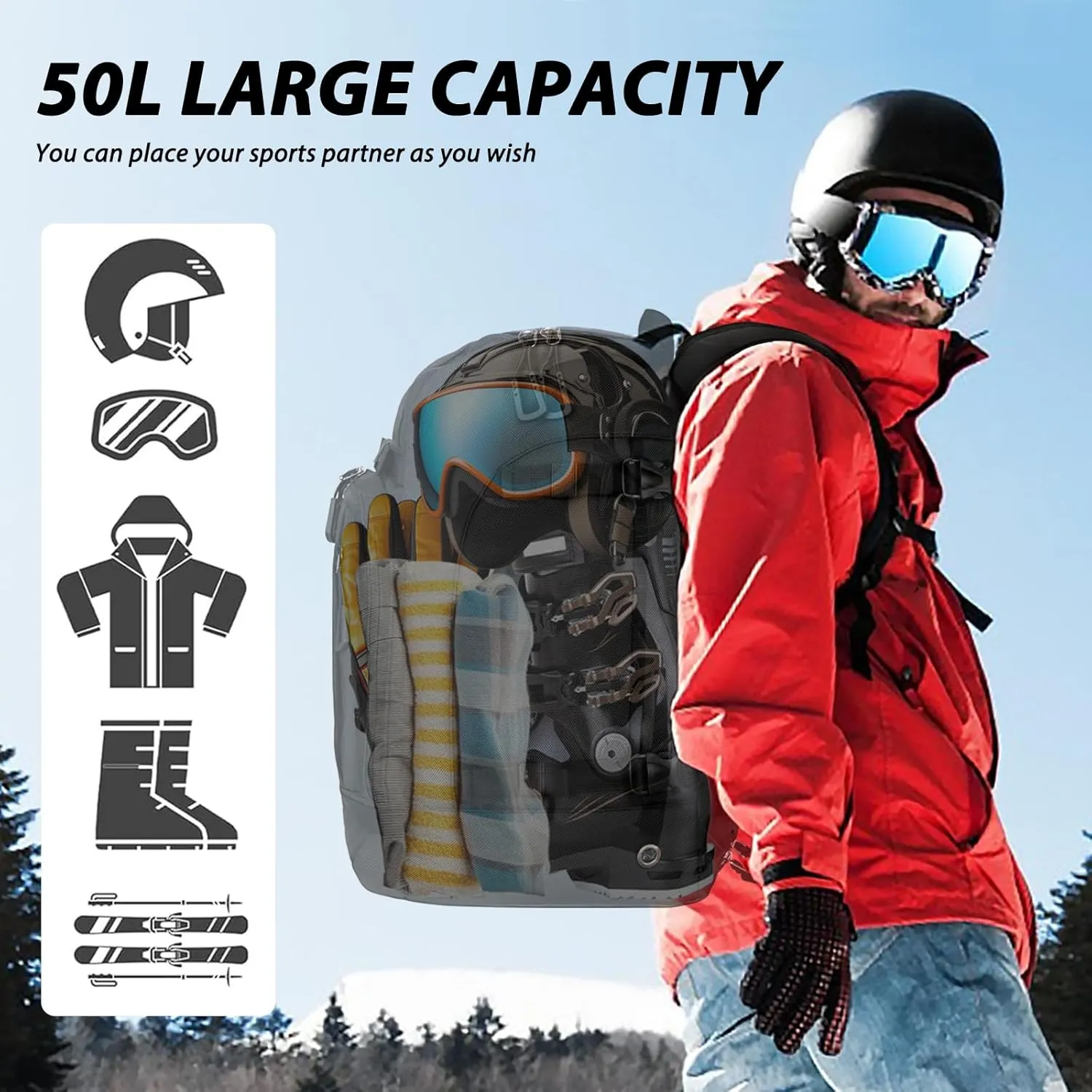 Goloni Ski Boot Bag - 50L Waterproof Ski and Snowboard Boots Travel Backpack for Skis, Snowboard, Ski Helmet, & Accessories