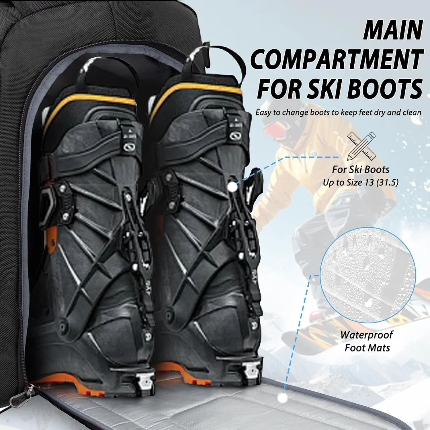 Goloni Ski Boot Bag - 50L Waterproof Ski and Snowboard Boots Travel Backpack for Skis, Snowboard, Ski Helmet, & Accessories