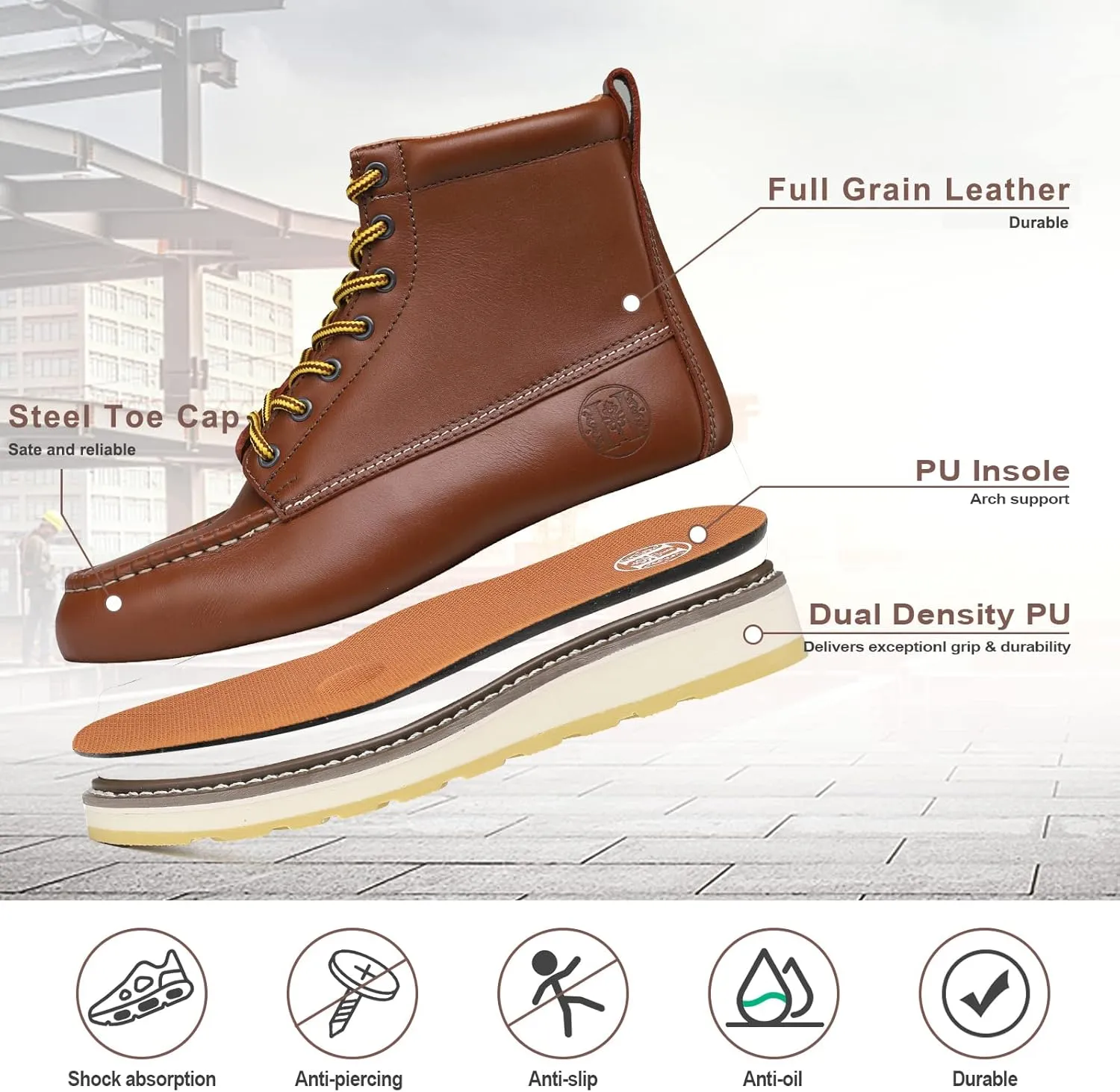 HANDPOINT Men's 6" Stylish Classic SureTrack Steel Toe Leather Slip Resistant Durable Breathable Work Boots H84992 H82994