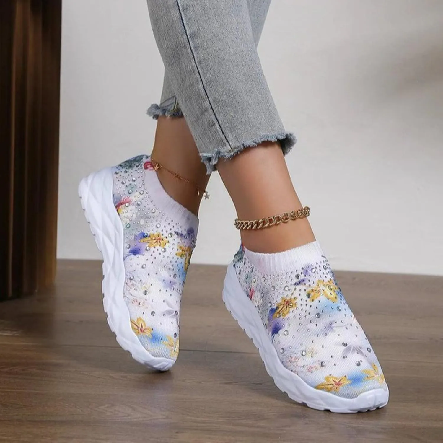 Hbeylia Fashion Mesh Sneakers for Women Casual Rhinestones Printed Knitted Breathable Air Cushion Trendy Chunky Bottom Low Top Canvas Shoes Lightweight Comfort Slip On Walking Shoes Play Sneakers